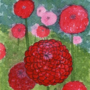 May include: Watercolor painting of a red flower with a layered, textured center surrounded by smaller red flowers and pink flowers on a green background.