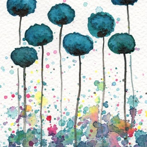 5x7 Watercolor Poppies, Teal Flowers, Aqua Abstract Painting, Blue Painting, Watercolor Flowers, Floral Art Print, Boho Wall Decor Bedroom image 1