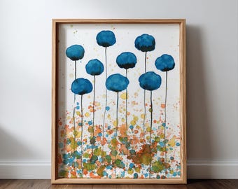 Teal and Orange PRINT of Watercolor Flowers, Modern Farmhouse, Cottage Garden Style, Aqua Blue Landscape Painting, Wall Decor, Cottagecore