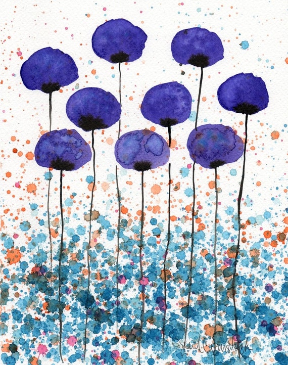 Purple Poppies PRINT of Watercolor Flowers Painting Modern | Etsy
