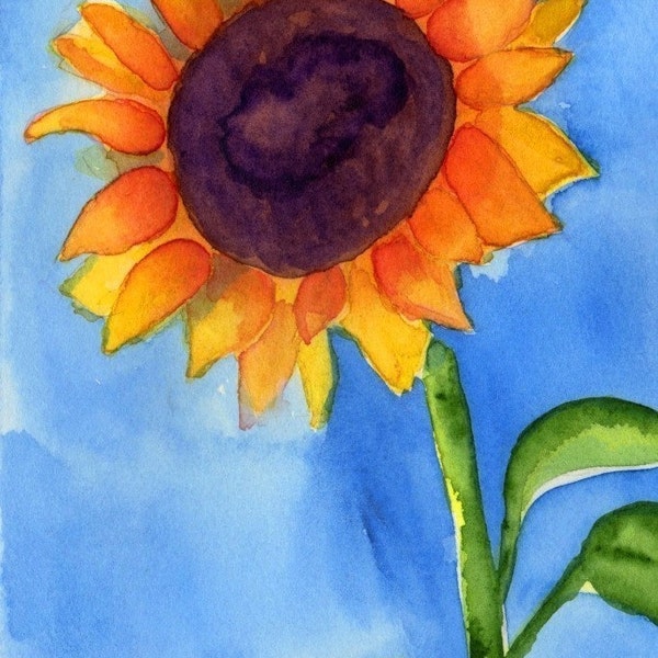 Impression d'art tournesol 5 x 7 de peinture, fleur bleue et orange, décoration murale de bureau de chambre à coucher, oeuvre d'art de salle de bain, ciel d'été, floral