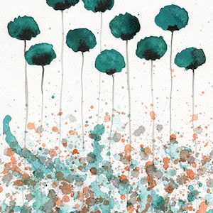 Petrol grüne Mohnblumen DRUCK, abstrakte Malerei Moderne Bauernhaus Wand Kunst Wohnkultur Aquarell Malerei Garten Landschaft Orange Aqua Grün Kunst