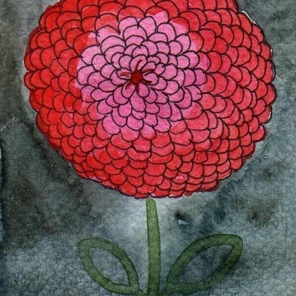 Zinnia rouge et rose, mini impression ACEO de peinture à l'aquarelle, ferme moderne, cottagecore, illustration de fleurs, décoration murale, art de bureau