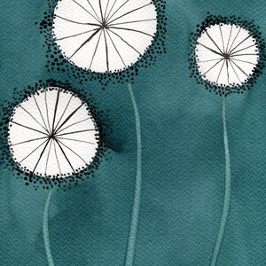 May include: Three white dandelion-like flowers with black centers and black dots around the edges on a teal background.