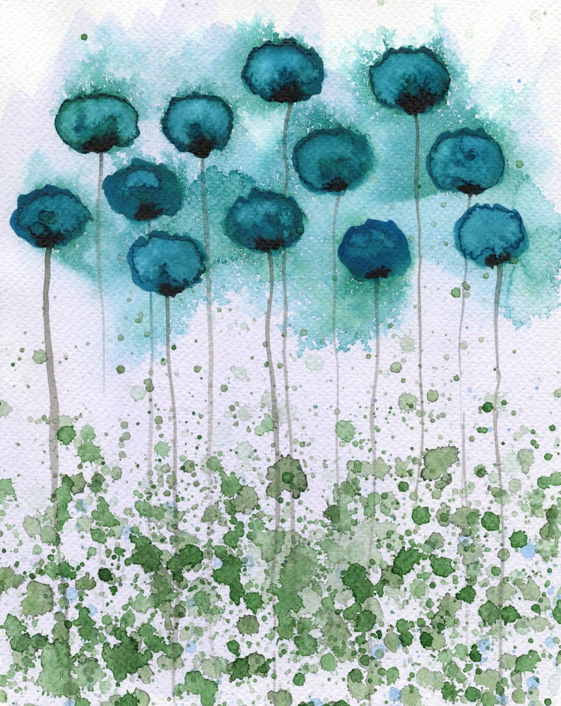 Aqua and Violet PRINT of Watercolor Flowers, Modern Farmhouse, Watercolor Painting, Cottagecore, Cottage, Blue Floral Wall Decor Poppy image 2