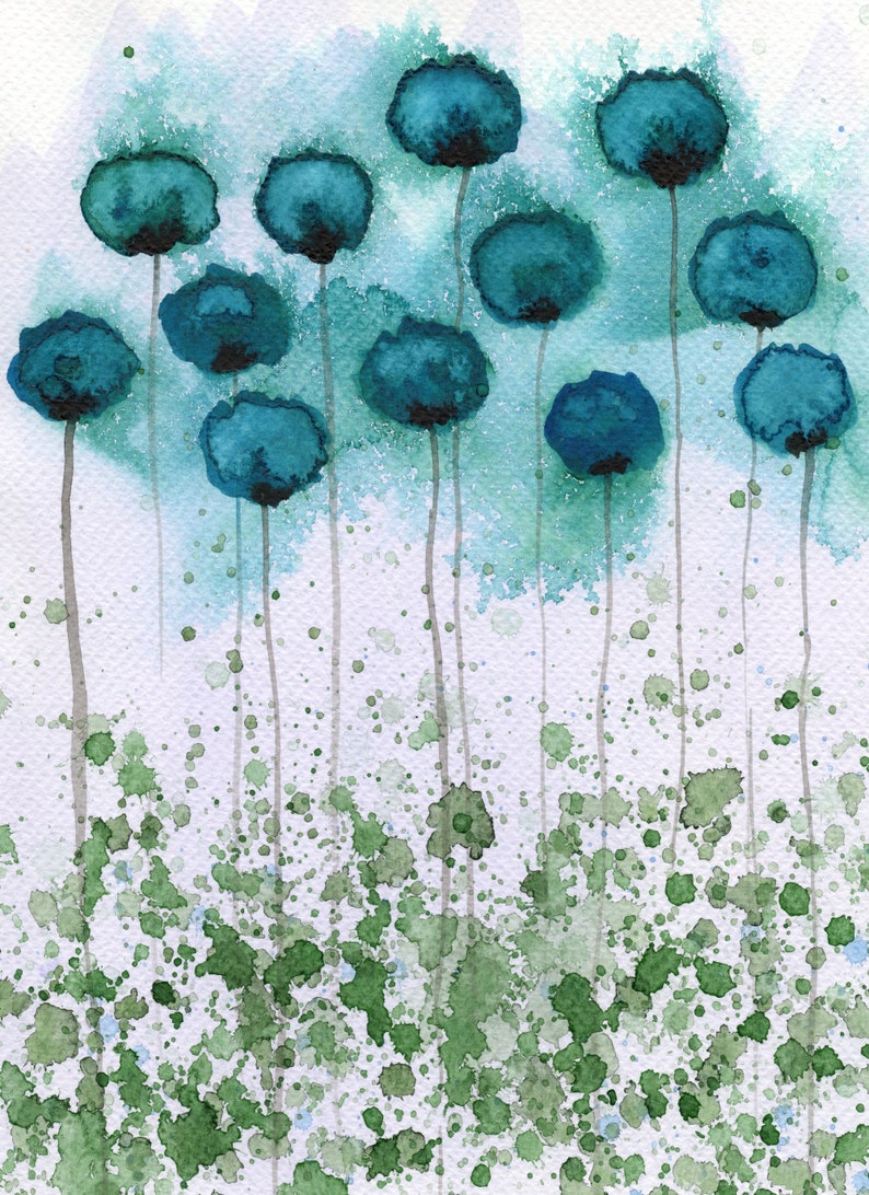 Aqua and Violet PRINT of Watercolor Flowers, Modern Farmhouse, Watercolor Painting, Cottagecore, Cottage, Blue Floral Wall Decor Poppy 5x7 inches