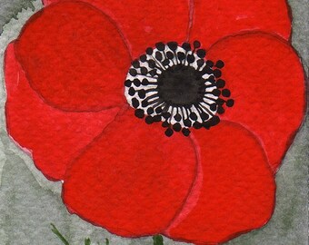 Red Anemone ACEO Print, Mini Art Print, Watercolor Painting, Flower Illustration, Floral Garden, Red Poppy Art Trading Card, Cottagecore