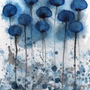 LARGE Navy Blue Gray &quot;Head in the Clouds&quot; Watercolor Flowers, Painting, Wall Decor, Fine Art Print, Modern Farmhouse, Office Decor, Moody