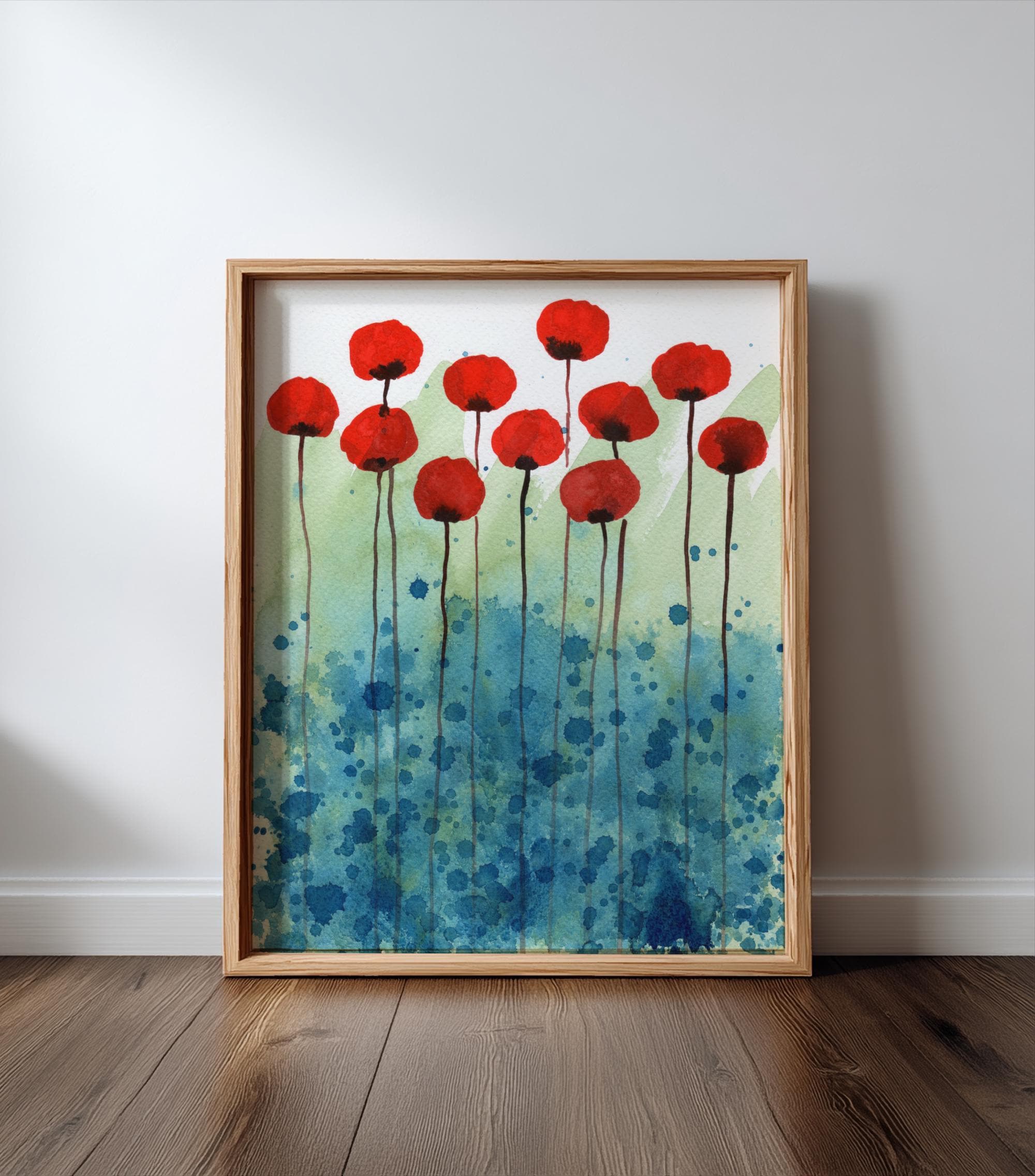 Red and Aqua Modern Farmhouse Flowers, Abstract Painting Blue