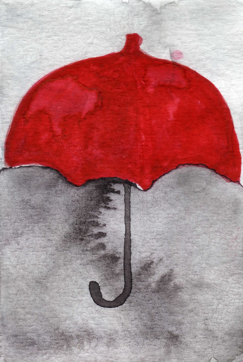 Under My Red Umbrella, 5x7, Watercolor Painting, Red and Gray, Rainy Day, Gray Skies, Foggy Day, Watercolor Art, Red and Black, Cloudy Day image 2