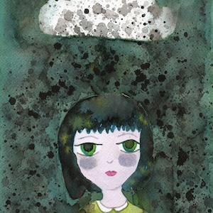 Large PRINT, Raining Down on Me, Watercolor Illustration Painting, Girl in Rain Under Cloud Rainy Day, Dark Green Gray, Wall Decor Interior