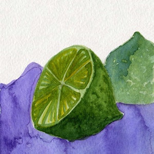 5x7 Lime Green Purple Watercolor Painting, Watercolor Illustration, Fruit Painting, Kitchen Art, Wall Decor, Still Life, Lemon, Office Desk image 1
