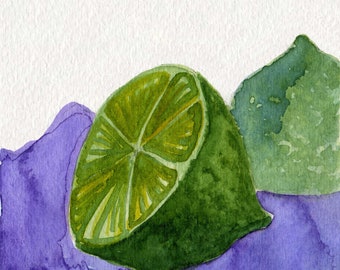 5x7 Lime Green Purple Watercolor Painting, Watercolor Illustration, Fruit Painting, Kitchen Art, Wall Decor, Still Life, Lemon, Office Desk