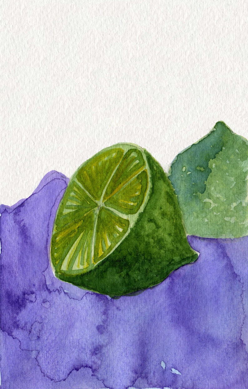 5x7 Lime Green Purple Watercolor Painting, Watercolor Illustration, Fruit Painting, Kitchen Art, Wall Decor, Still Life, Lemon, Office Desk image 1