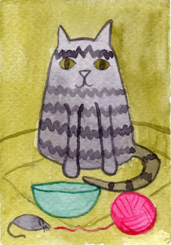 グレーのトラ猫、ミニプリント、水彩画、子猫のイラスト、トラ猫