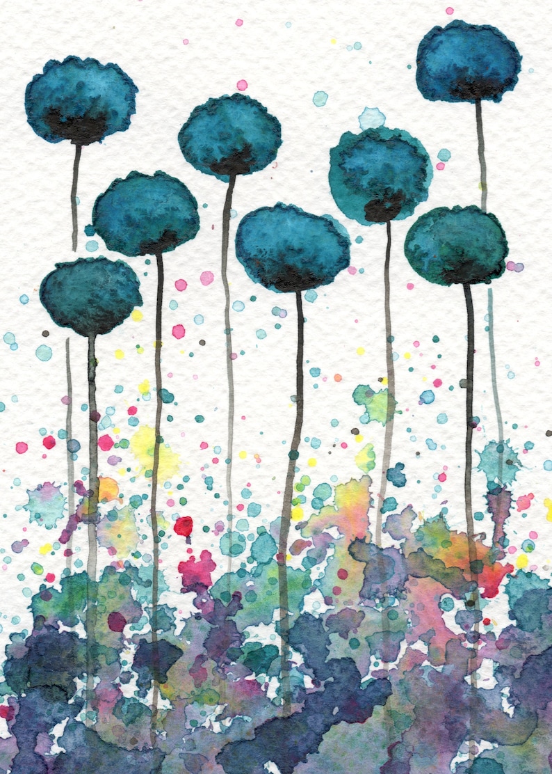 5x7 Watercolor Poppies, Teal Flowers, Aqua Abstract Painting, Blue Painting, Watercolor Flowers, Floral Art Print, Boho Wall Decor Bedroom image 1
