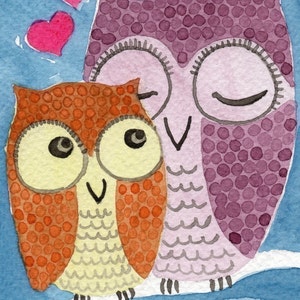 Watercolor Painting: Watercolor Illustration Owl Art Print Mother Owl and Owlet 5x7 image 1