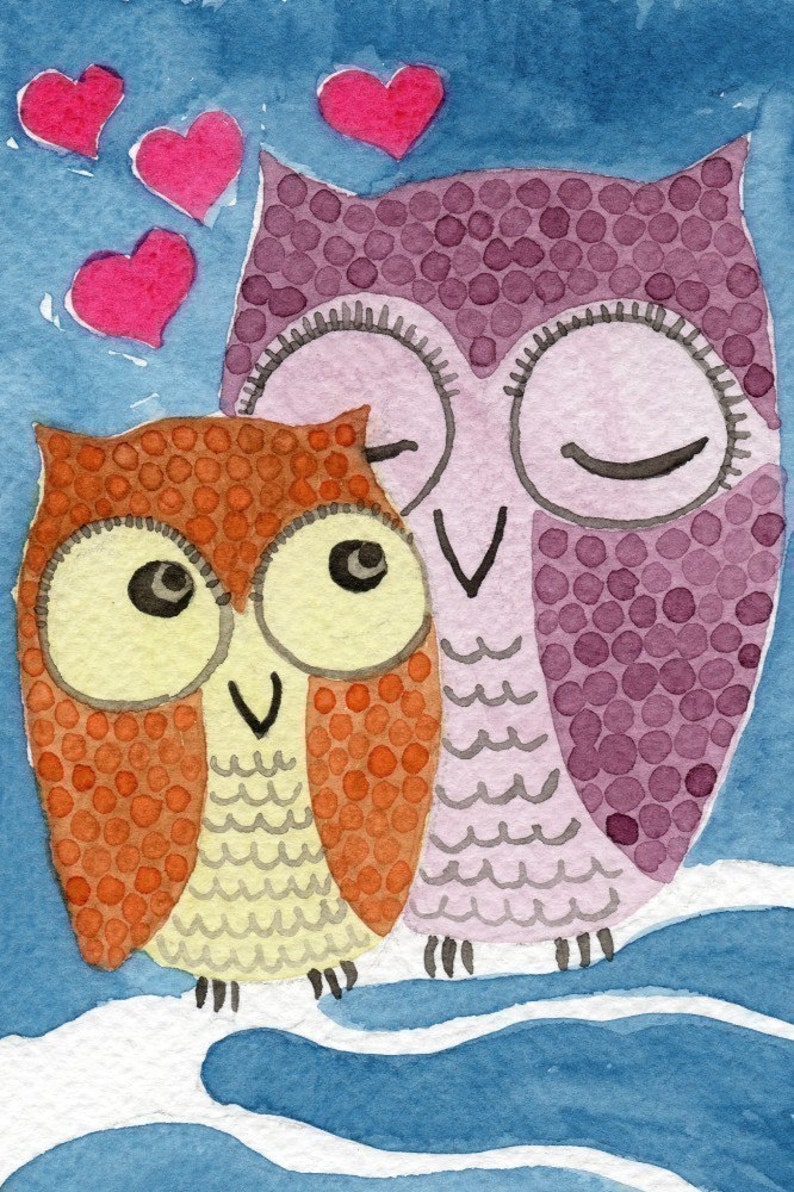 Watercolor Painting: Watercolor Illustration Owl Art Print Mother Owl and Owlet 5x7 image 1