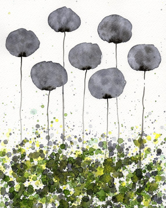 Green and Gray Art PRINT of Watercolor Flowers Modern - Etsy