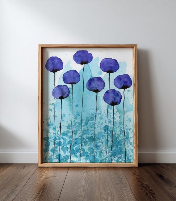 紫と水色のファインアートプリント、水彩画の花、モダンな農家風、花の