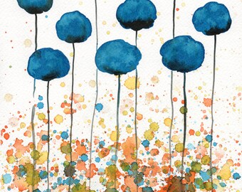 Digital Download Poster Printable Wall Art Orange and Teal Abstract Watercolor Flower Painting Print
