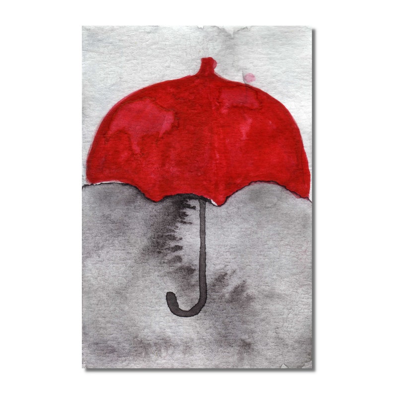 Under My Red Umbrella, 5x7, Watercolor Painting, Red and Gray, Rainy Day, Gray Skies, Foggy Day, Watercolor Art, Red and Black, Cloudy Day image 1