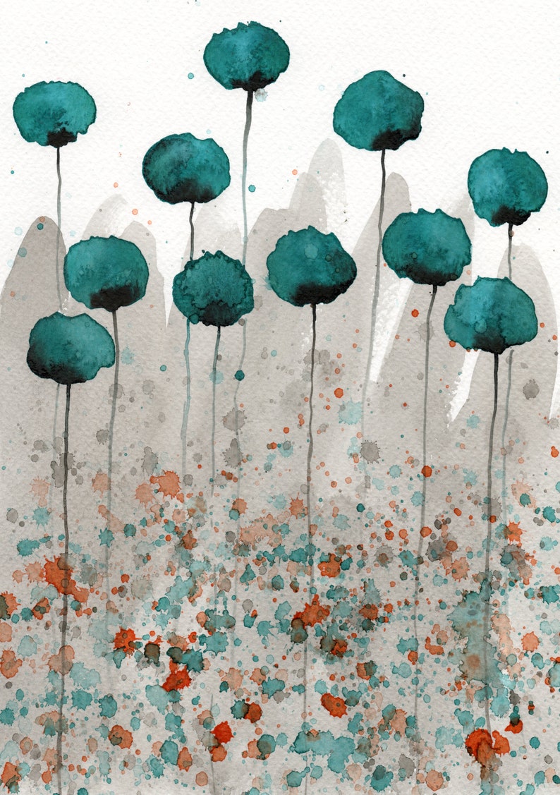 Teal Watercolor Flowers Teal Watercolor Painting Teal Poppy Painting Modern Floral Landscape Aqua Gray Painting Teal Orange Gray Art 5x7 inches