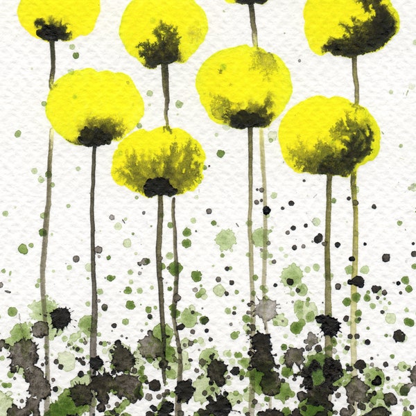 5x7 Citron Yellow and Green Watercolor Flowers, Floral Painting, Poppies, Modern Farmhouse, Kitchen Decor, Citrus Colors, Splatter Painting