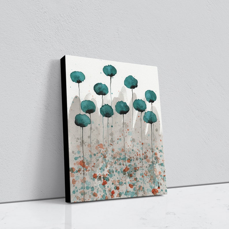 Teal Watercolor Flowers Teal Watercolor Painting Teal Poppy Painting Modern Floral Landscape Aqua Gray Painting Teal Orange Gray Art image 4