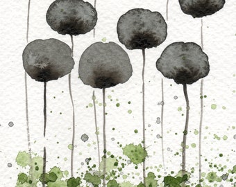 5x7 Gray and Green Watercolor Flowers, Fine Art Print, Floral Painting, Home Office Wall Decor, Modern Farmhouse, Industrial Style, Bathroom