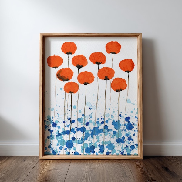 Estampado de amapolas naranjas, flores de acuarela, pintura de estilo rústico moderno, arte de pared de jardín estilo cottagecore, azul aguamarina, decoración de baño y oficina.