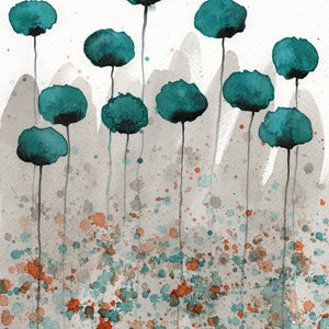 Teal Watercolor Flowers Teal Watercolor Painting Teal Poppy Painting Modern Floral Landscape Aqua Gray Painting Teal Orange Gray Art image 2