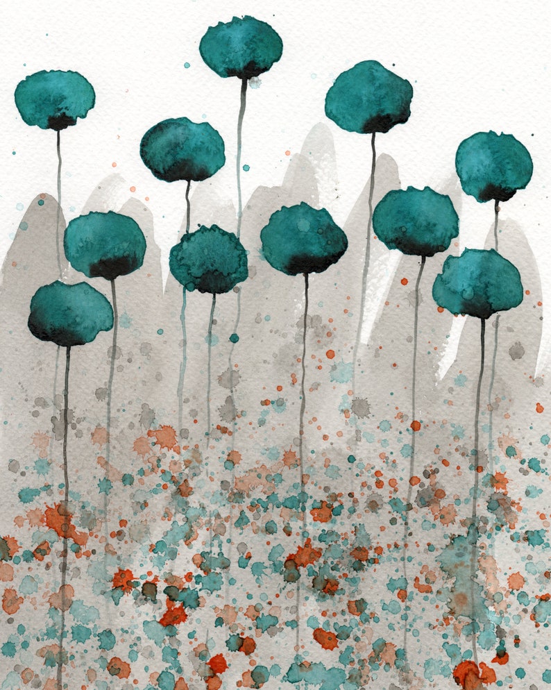 Teal Watercolor Flowers Teal Watercolor Painting Teal Poppy Painting Modern Floral Landscape Aqua Gray Painting Teal Orange Gray Art image 2