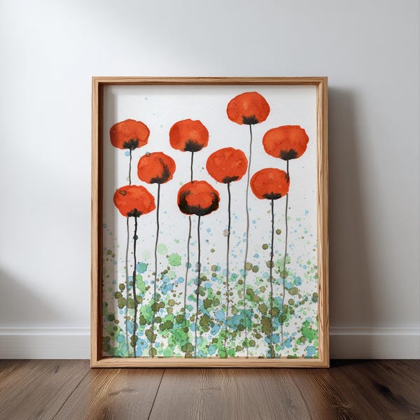 Impression de coquelicots orange, peinture à l'aquarelle, fleurs de ferme moderne, cottage de jardin Cottagecore, art botanique, décoration murale lumineuse colorée