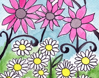 5x7 Pink and White Flowers, Fine Art Print, Watercolor Painting, Daisies Garden, Bedroom, Cottage Style Decor, Modern Farmhouse Cottagecore