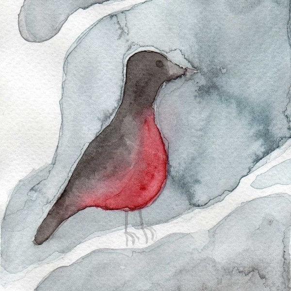 Rainy Day Robin Illustration, ACEO Mini Print of Watercolor Painting, Red and Gray, Cute Bird Painting, Cottagecore, Modern Farmhouse, Wall