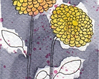 Yellow and Purple Zinnias, Mini Art Print, ACEO Print, Watercolor Painting, Flowers Floral Cottagecore, Wall Decor, Desk Artwork