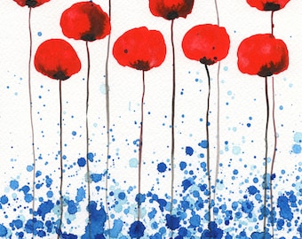 5x7 Red Poppies, Watercolor Painting, Bright Scarlet Flower Floral Art Print Garden Wall Bathroom Decor, White Blue, Farmhouse Kitchen