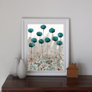 Teal Watercolor Flowers Teal Watercolor Painting Teal Poppy Painting Modern Floral Landscape Aqua Gray Painting Teal Orange Gray Art