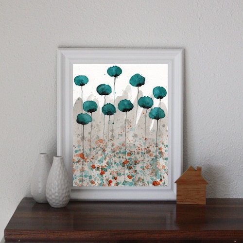 Teal Watercolor Flowers Teal Watercolor Painting Teal Poppy Etsy
