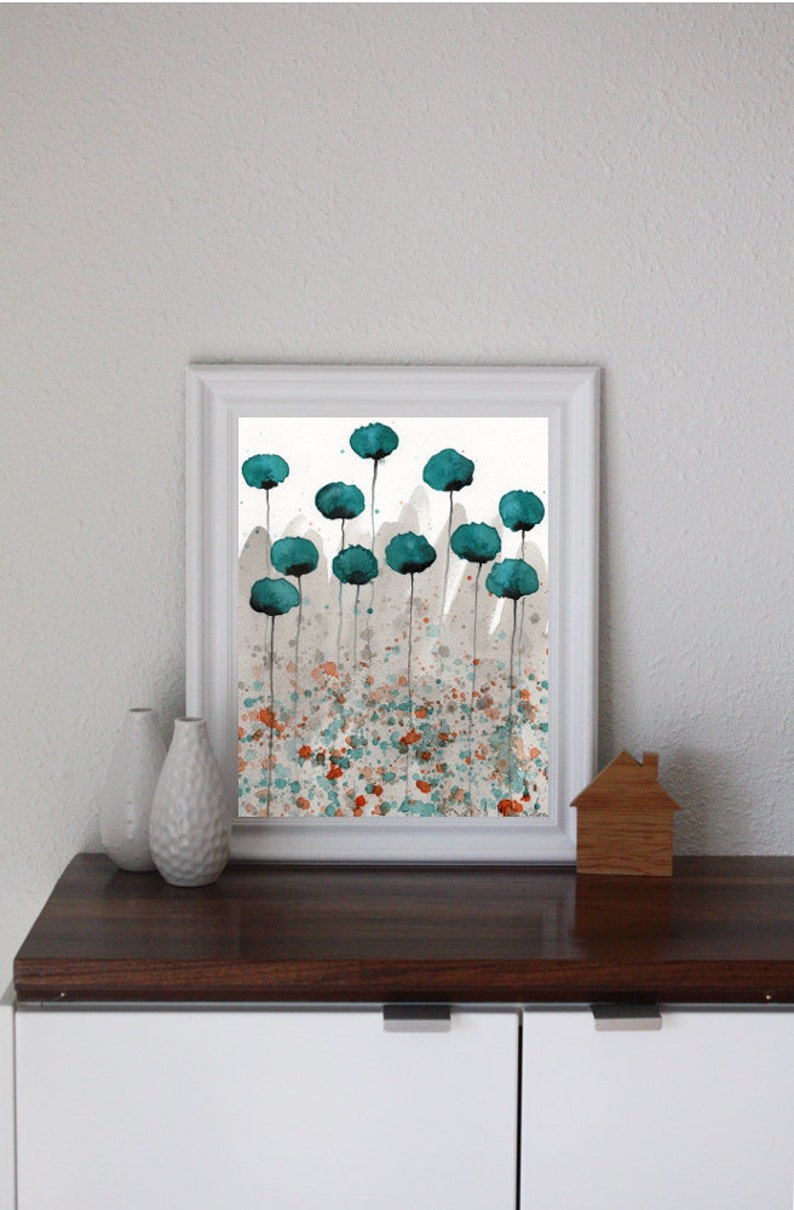 Teal Watercolor Flowers Teal Watercolor Painting Teal Poppy Painting Modern Floral Landscape Aqua Gray Painting Teal Orange Gray Art image 1