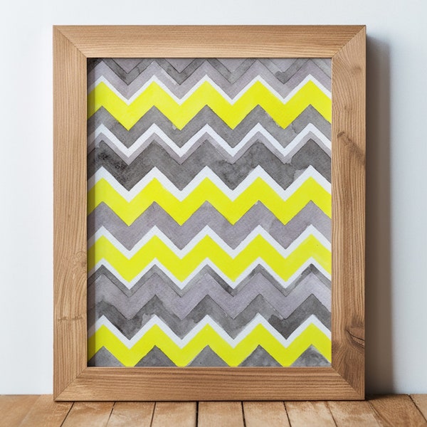 Yellow and Gray Chevrons PRINT, Watercolor Painting, Abstract Art, Geometric Modern Farmhouse, Boho Wall Decor, Zig Zags, Colorful Office