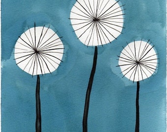 Mini Art Print, Midcentury Art, Dandelion Art, Aqua Watercolor Painting, Midcentury Modern, Floral Painting, Teal, ACEO Print, Tiny Art