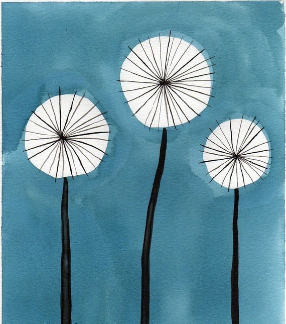 Mini Art Print, Midcentury Art, Dandelion Art, Aqua Watercolor Painting, Midcentury Modern, Floral Painting, Teal, ACEO Print, Tiny Art