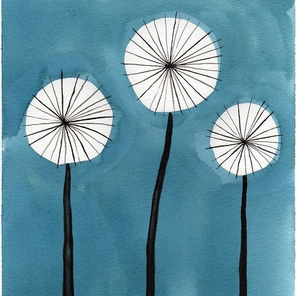 Mini Art Print, Midcentury Art, Dandelion Art, Aqua Watercolor Painting, Midcentury Modern, Floral Painting, Teal, ACEO Print, Tiny Art