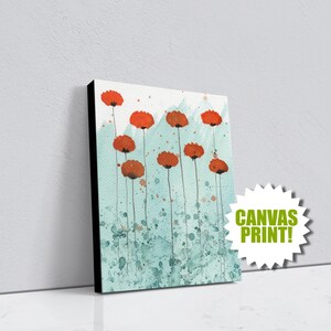 LARGE CANVAS PRINT in Orange and Aqua, Ready to Hang Watercolor Flowers Painting, Poppy Art, Modern Farmhouse, Colorful Vibrant, Wall Decor