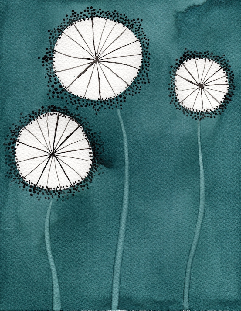 May include: Three white stylized flowers with black centers and black dots around the edges on a teal background.