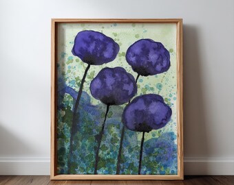 Purple Modern Farmhouse PRINT Watercolor Flowers, Art Painting, Abstract Watercolor, Poppy Garden, Wall Decor, Home Office, Bathroom Art