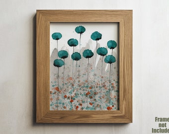 Teal Watercolor Flowers Teal Watercolor Painting Teal Poppy Painting Modern Floral Landscape Aqua Gray Painting Teal Orange Gray Art