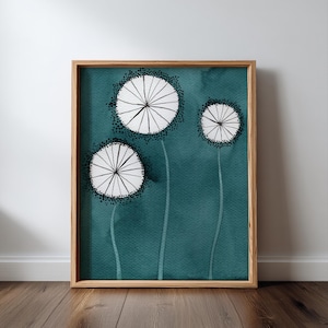 Teal Dandelion Art Print, Mid Century Home Wall Art, Scandinavian Minimal, Mid-Century Modern, Abstract Art, Watercolor Painting, Wall Decor image 1